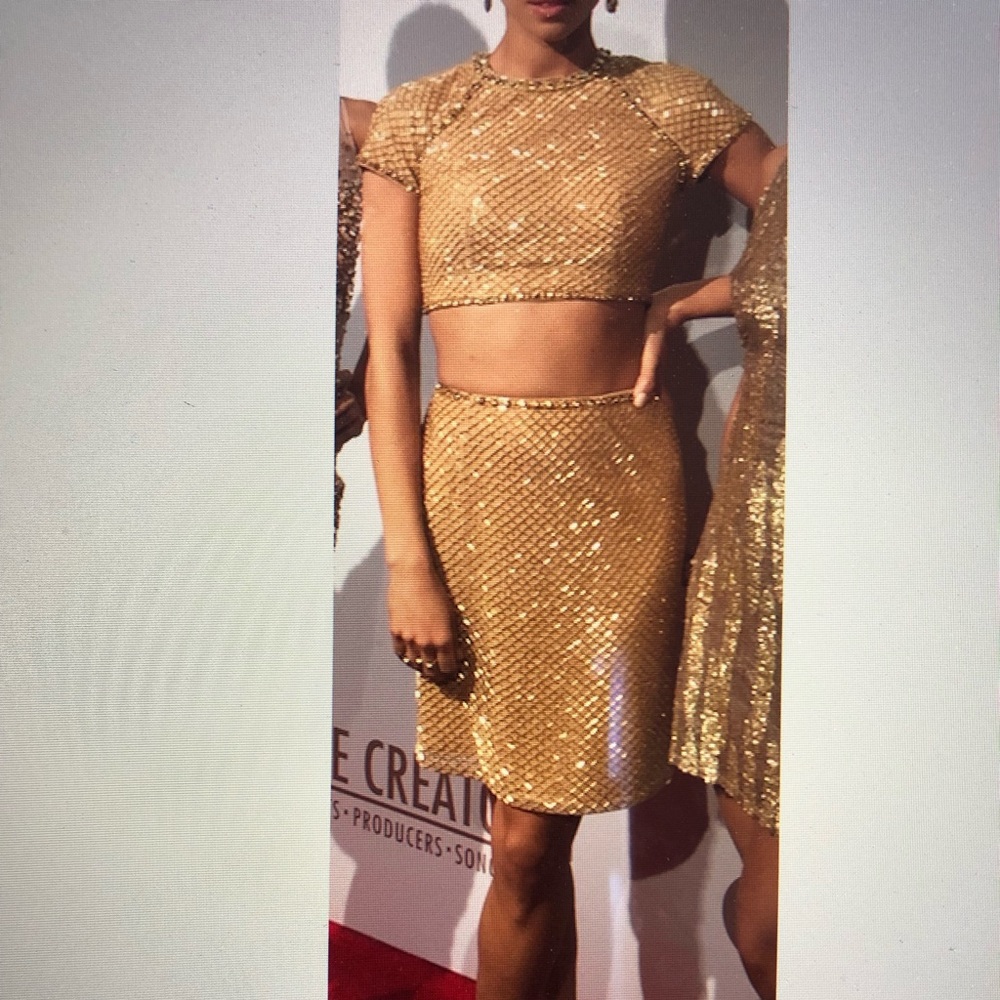 Sherri Hill two piece gold 3D beading top and skirt size 2